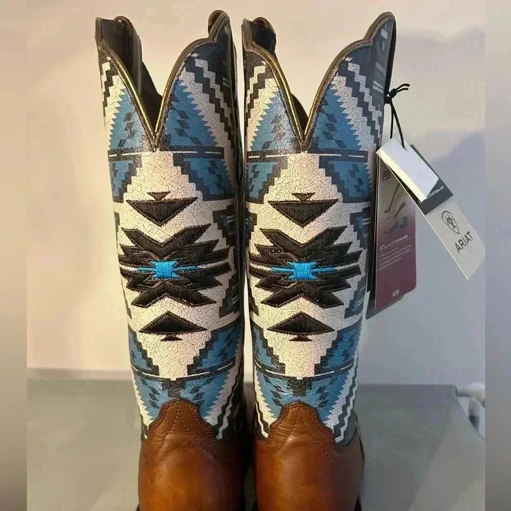 Ariat Brown Leather & Blue Patterned Western Combat Boots - Picture 3 of 5